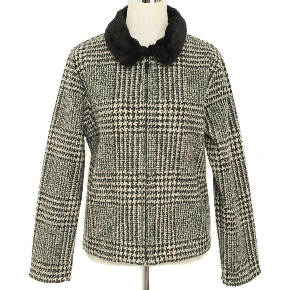 TALBOTS Houndstooth Faux Fur Collar Zip Jacket
